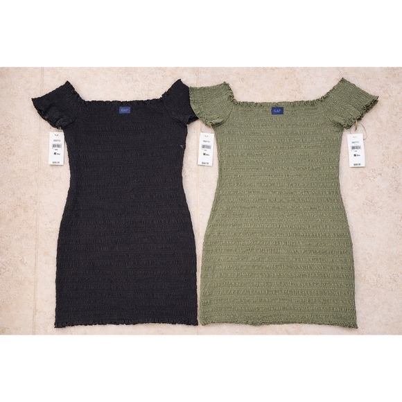 GAP Dresses & Skirts - GAP Smocked Mini Dress Bundle Medium Petite Black & Olive Green Off Shoulder NWT